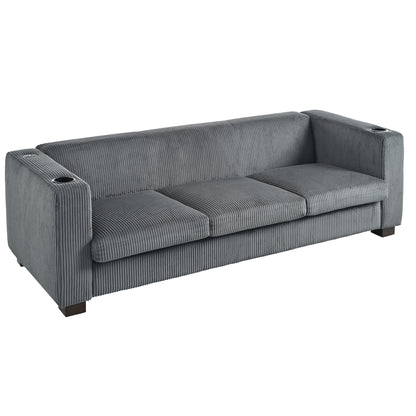Modern three-seat Solid Wood sofa in striped finish with two cup holders