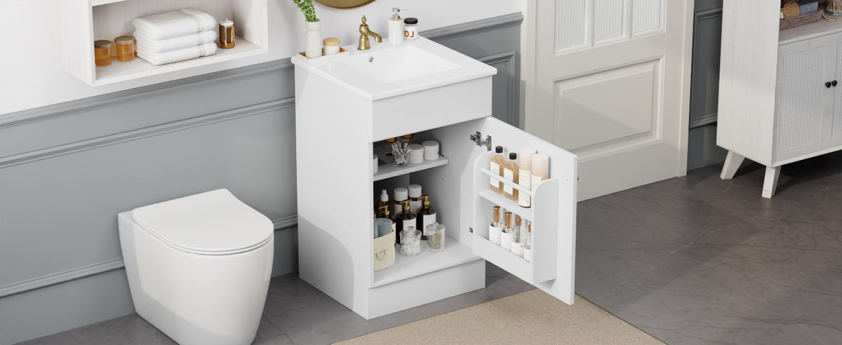 Effervescent Vanes Wood Frame 20" Bathroom Vanity with Ceramic Sink, Cabinet with Soft-Closing Door Shelf and Adjustable Shelf, Open Back, Metal Hardware, Storage/Organizer, White
