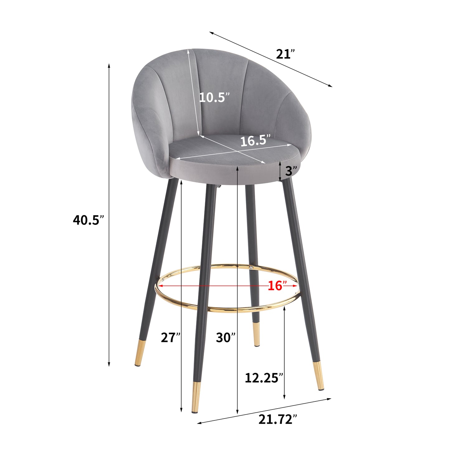 Soreli 40.5" High Back, Black Velvet & Gold Metal Bar Stool,Luxe Modern Design, Set of 2