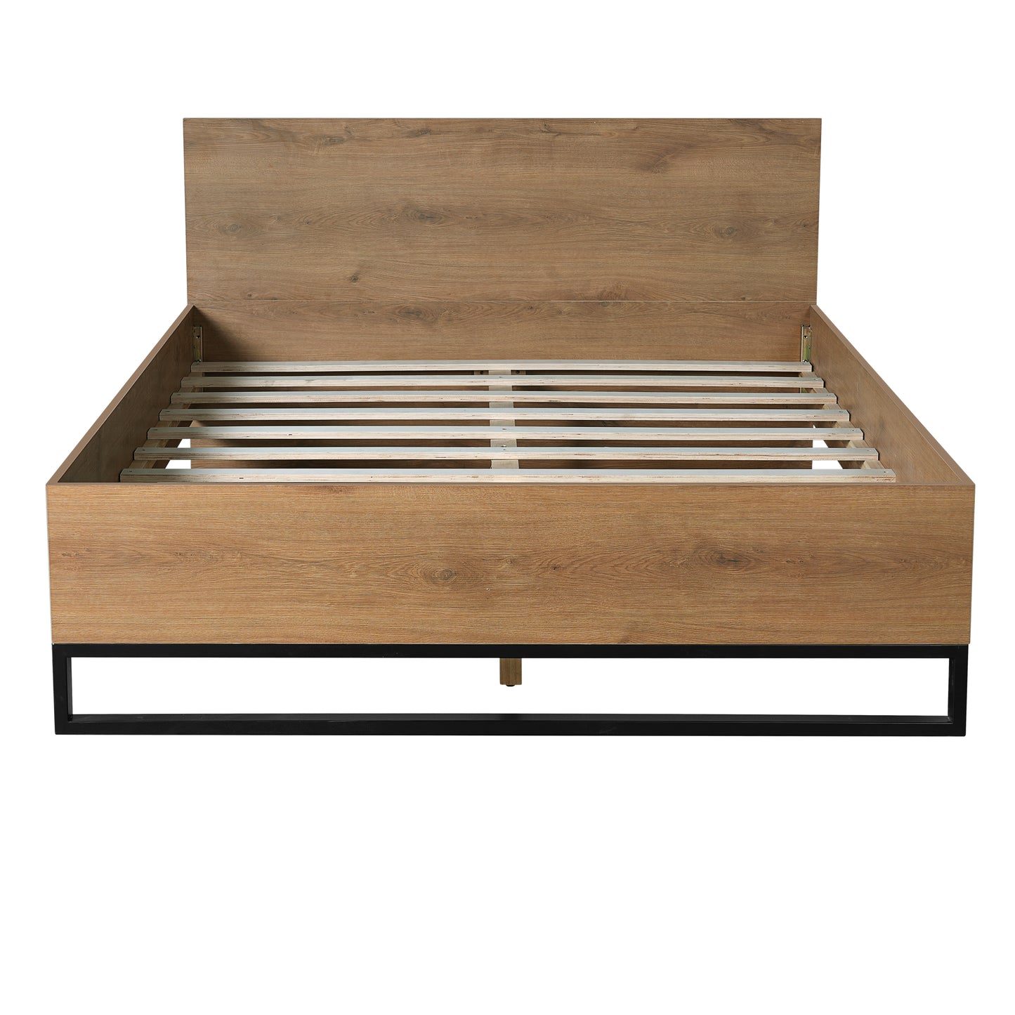 Ketura Two-Tone Aesthetic Engineered Wood Bed Frame in Natural Wood Grain and Matte Black Metal Leg