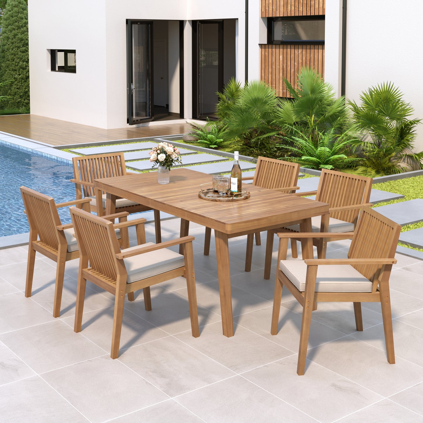 Somadorin Durable 7 - Piece Patio Furniture Set Acacia Wood Table and 6 Heavy-Duty Cushioned Chairs