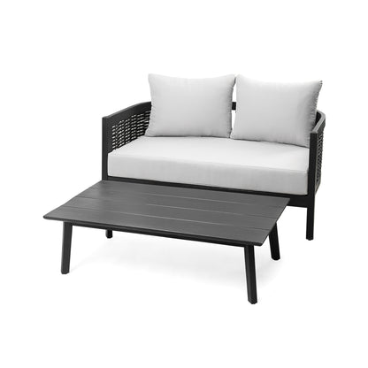 Ridgea Wood and Wicker Patio Conversation Set with Light Grey Cushions, Set of 2