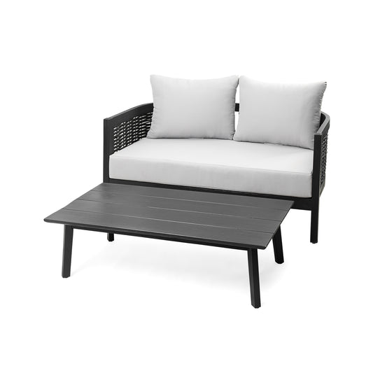 Ridgea Wood and Wicker Patio Conversation Set with Light Grey Cushions, Set of 2