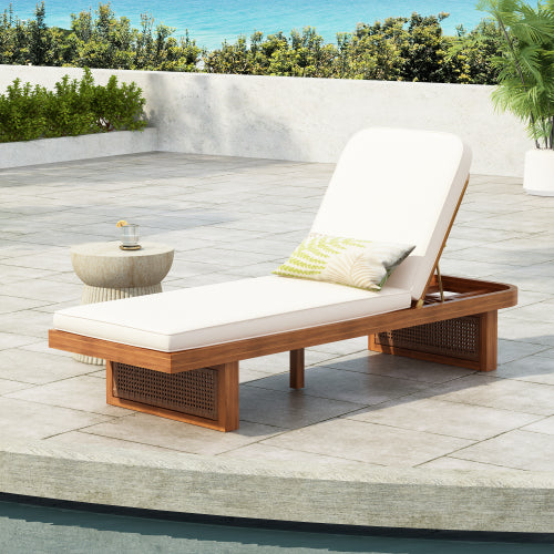 ‌PinDrift‌ Outdoor Lounge Chair - Acacia Wood & PE Rattan Design with White Cushion