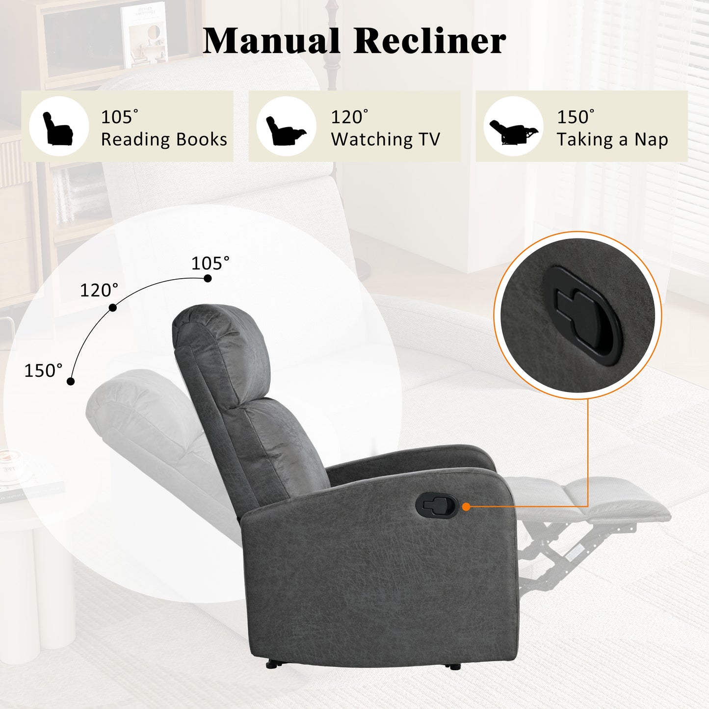 Elarra Modern Recliner Manual Recliner Home Theater Manual Recliner Chair with Adjustable Backrest