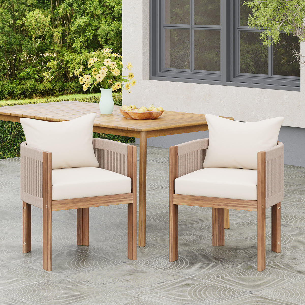 Dado Matera Outdoor Wood Dining Chair, Beige Rope with Beige Cushion, Set of 2
