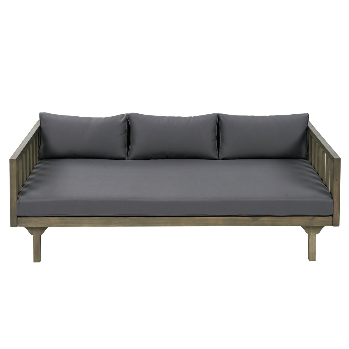 Pastiche Claremont Outdoor 3 Seater Acacia Wood Daybed with Fabric Water Resistant and Removable Cushions, Patio Garden Sofa with Slat Paneling Armrest and Back, Grey and Dark Grey