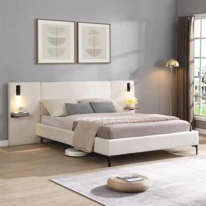 Callion Boucle Upholstered Bed with Integrated Lights and Shelves