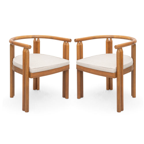 Cavar Acacia Wood Armrest Dining Chair, Teak Finish with Beige Cushion, Set of 2