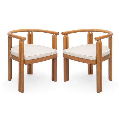 Cavar Acacia Wood Armrest Dining Chair, Teak Finish with Beige Cushion, Set of 2