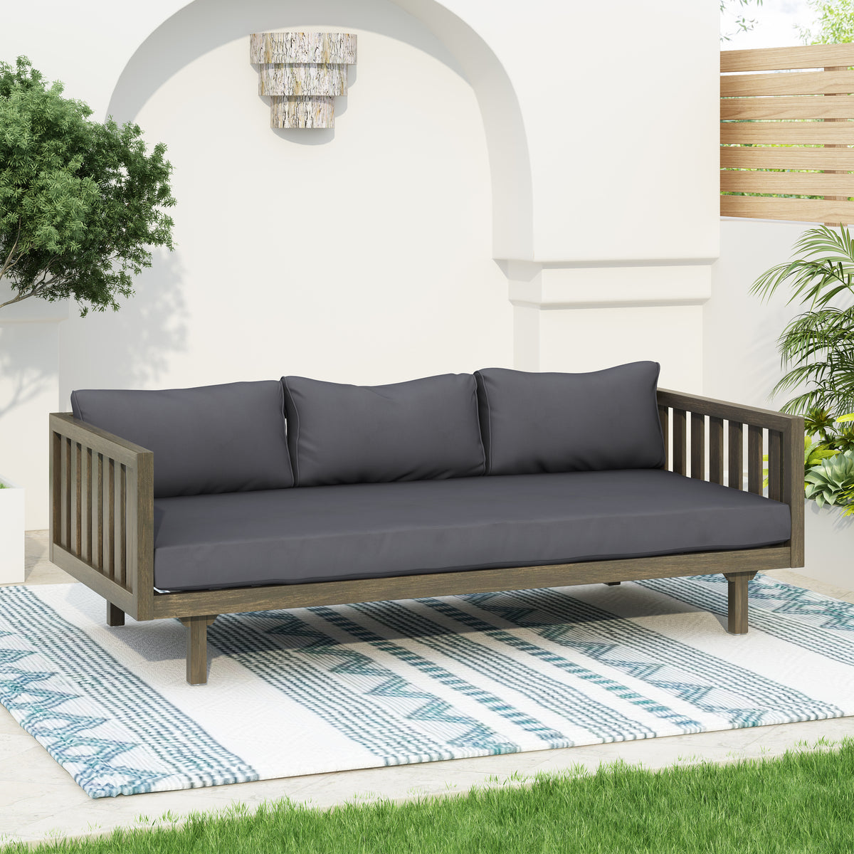 Pastiche Claremont Outdoor 3 Seater Acacia Wood Daybed with Fabric Water Resistant and Removable Cushions, Patio Garden Sofa with Slat Paneling Armrest and Back, Grey and Dark Grey