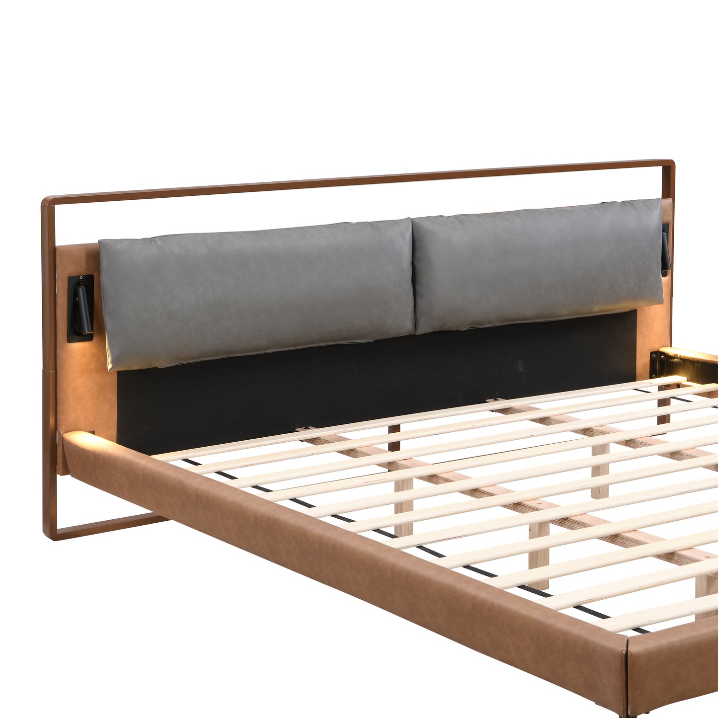 Mireva Brown&Gray Leather King Bed with 2pcs Night Lights