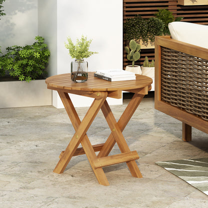 Aurl 17.75" W Outdoor Acacia Wood Side Table, Round End Table, Slats Panel Design, Foldable and Adjustable Small Coffee Desk, Sofa Side Desk, No Assembly Needed, 175lbs Teak