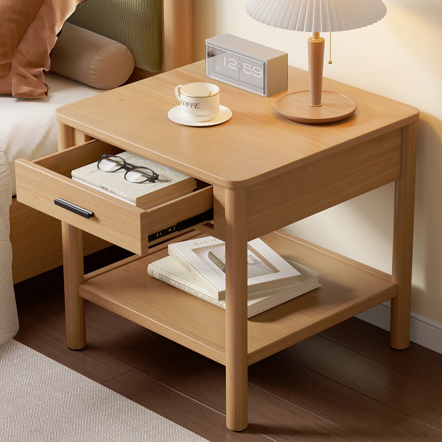 Fintan Simple light luxury geometric solid wood end table natural rubber wood