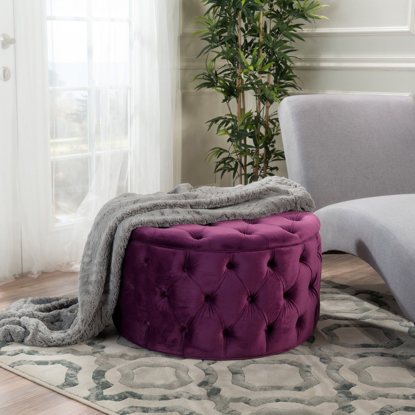 Solvista Velvet Button Tufted Stitched Round Footstool