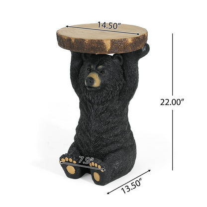 Propinquity Blitz Bear Outdoor Side Table, MGO Bear Statue with Display Tabletop, Hand Painted Sculpture, Cute Small End Table for Indoor/Outdoor, No Assembly Required, Black + Brown