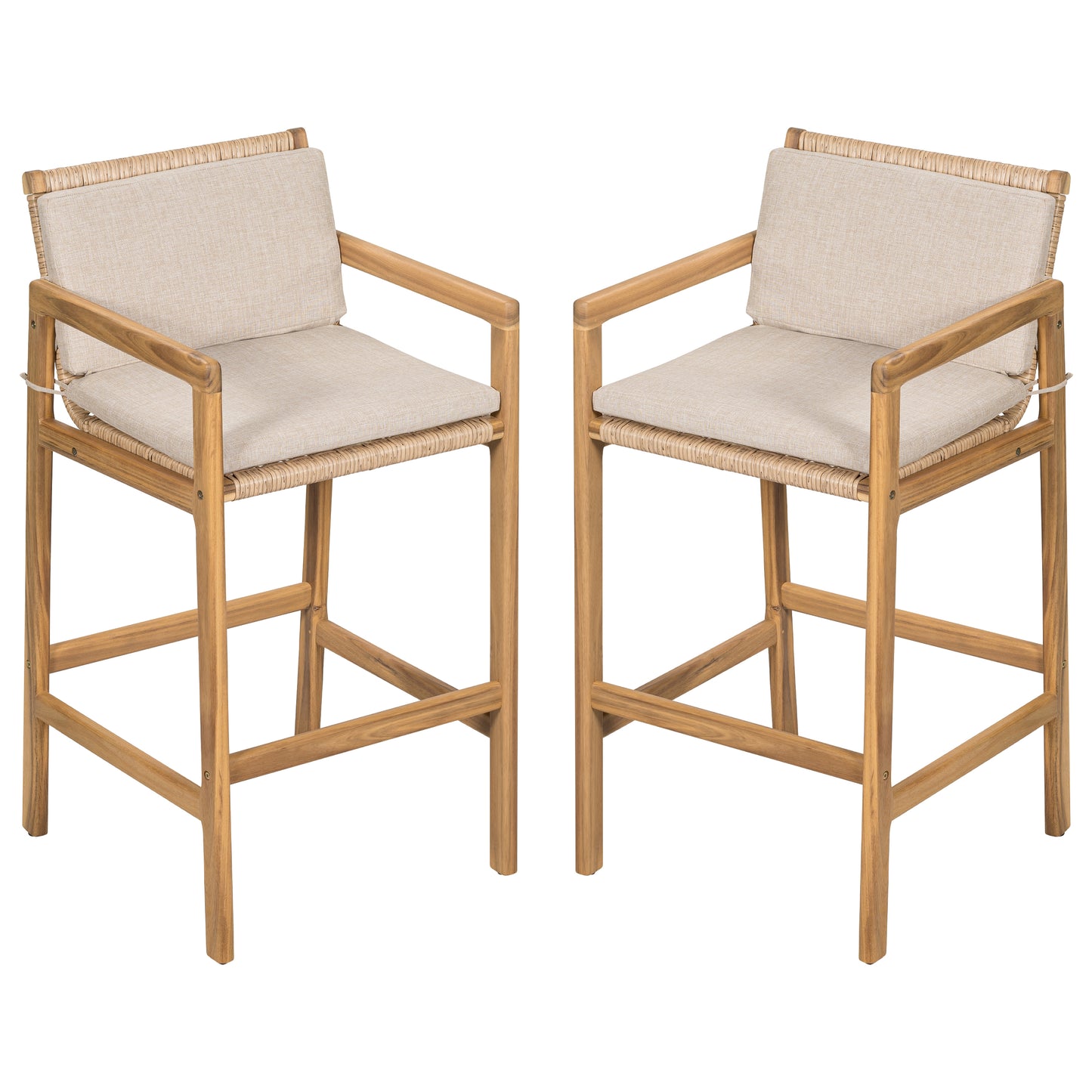 Yliraeth Wood Outdoor Barstool, Teak Finished Wood with Beige Cushion, Set of 2