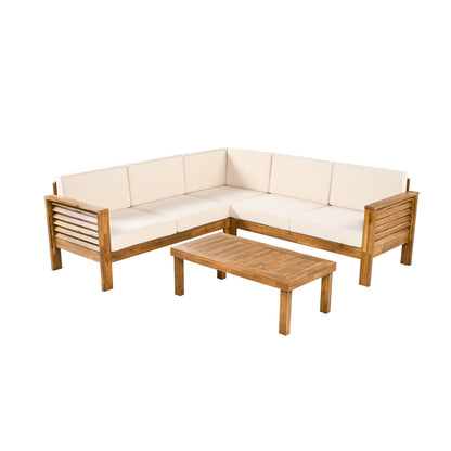 Fawne 4-Pieces Acacia Wood Patio Furniture Set, Outdoor Sectional Sofa Set with Coffee Table, 5 Seats L Shape Sofa Set Deep Seating with Soft Cushion, for Garden, Backyard Porch Balcony, Teak & Cream
