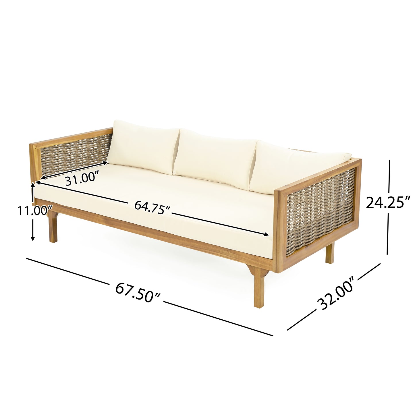 Xenath Outdoor Patio Furnitre Sets 3 Pieces,3 Seater Daybed With Rattan Arms  + Acacia Wood Table
