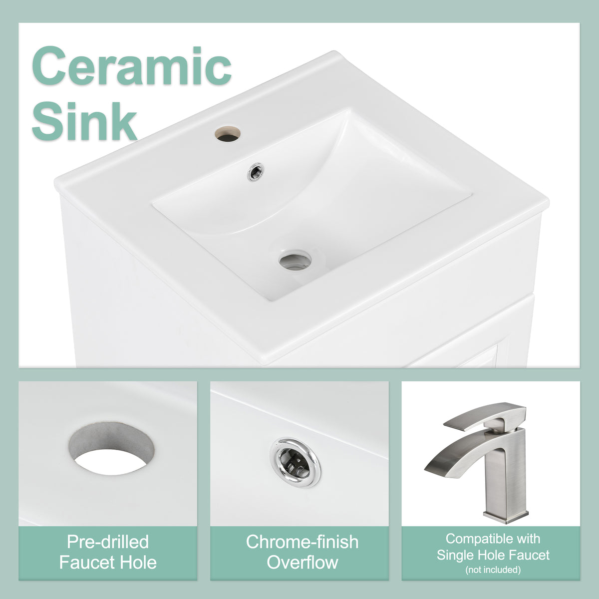 Effervescent Vanes Wood Frame 20" Bathroom Vanity with Ceramic Sink, Cabinet with Soft-Closing Door Shelf and Adjustable Shelf, Open Back, Metal Hardware, Storage/Organizer, White