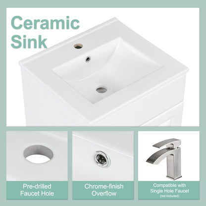 Effervescent Vanes Wood Frame 20" Bathroom Vanity with Ceramic Sink, Cabinet with Soft-Closing Door Shelf and Adjustable Shelf, Open Back, Metal Hardware, Storage/Organizer, White