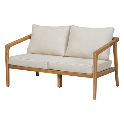 Lyrana Outdoor Acacia Wood Loveseat,Club Chairs and Coffee Table Set with Cushions