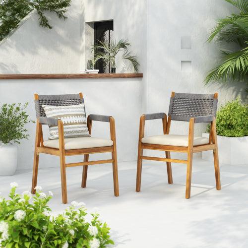 Ansel Modern Patio Outdoor Dining Chairs with Beige Cushions, Set of 2