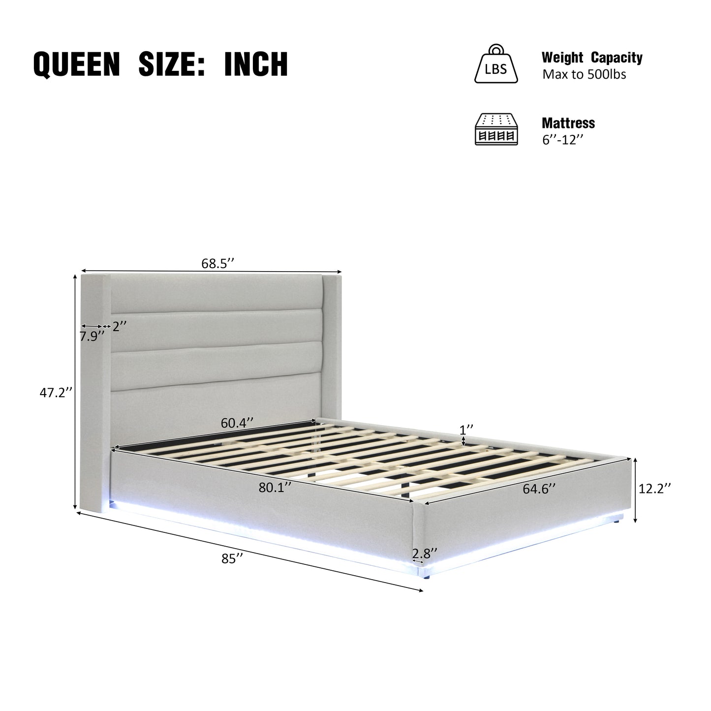 Brannick Queen Size Platform Bed with LED light, Greige