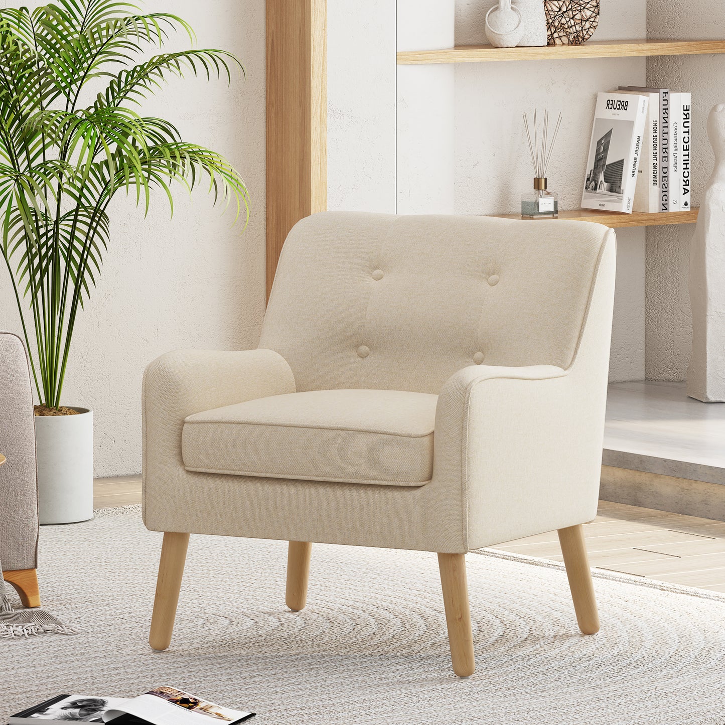 Tapara Mid-Century Modern Armchair - Tufted Fabric Accent Chair.