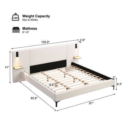 Callion Boucle Upholstered Bed with Integrated Lights and Shelves