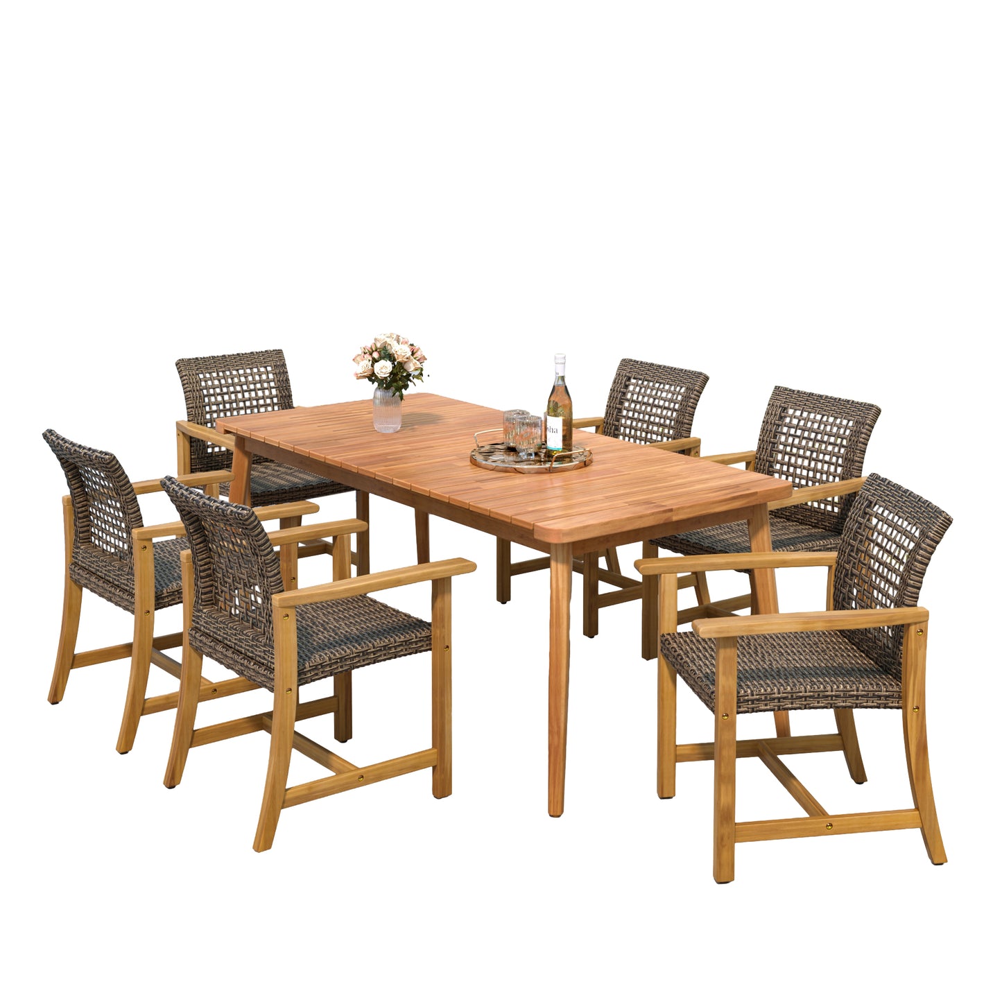 Hawk 7-Piece Patio Dining Set, 72" Slatted Table & 6 Acacia Wood & PE Rattan Chairs