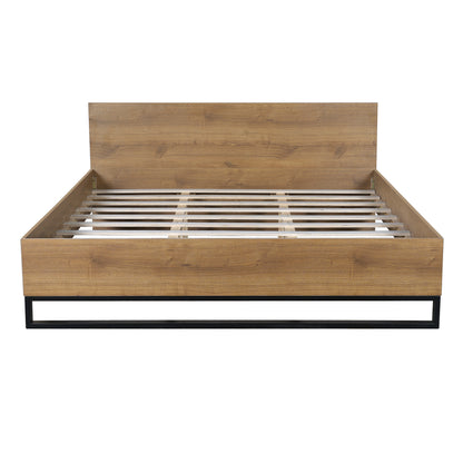 Ketura Two-Tone Aesthetic Engineered Wood Bed Frame in Natural Wood Grain and Matte Black Metal Leg