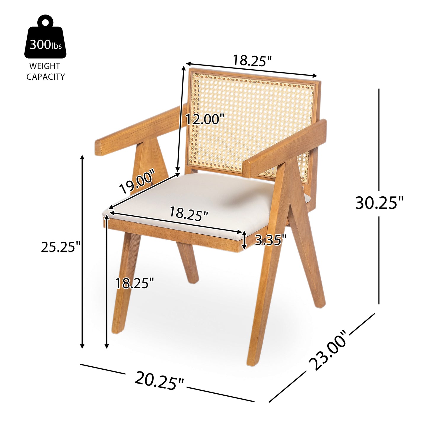 Chandigar Arm Dining Chairs, Cane Upholstered Kitchen Chairs With Cushion,Set of 2