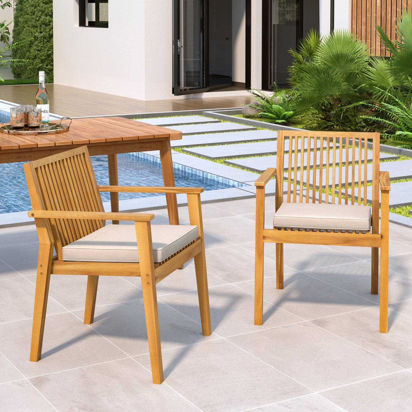 Somadorin Patio Dining Chair Set of 2 - Sturdy Acacia Wood, Comfortable Waterproof Seating