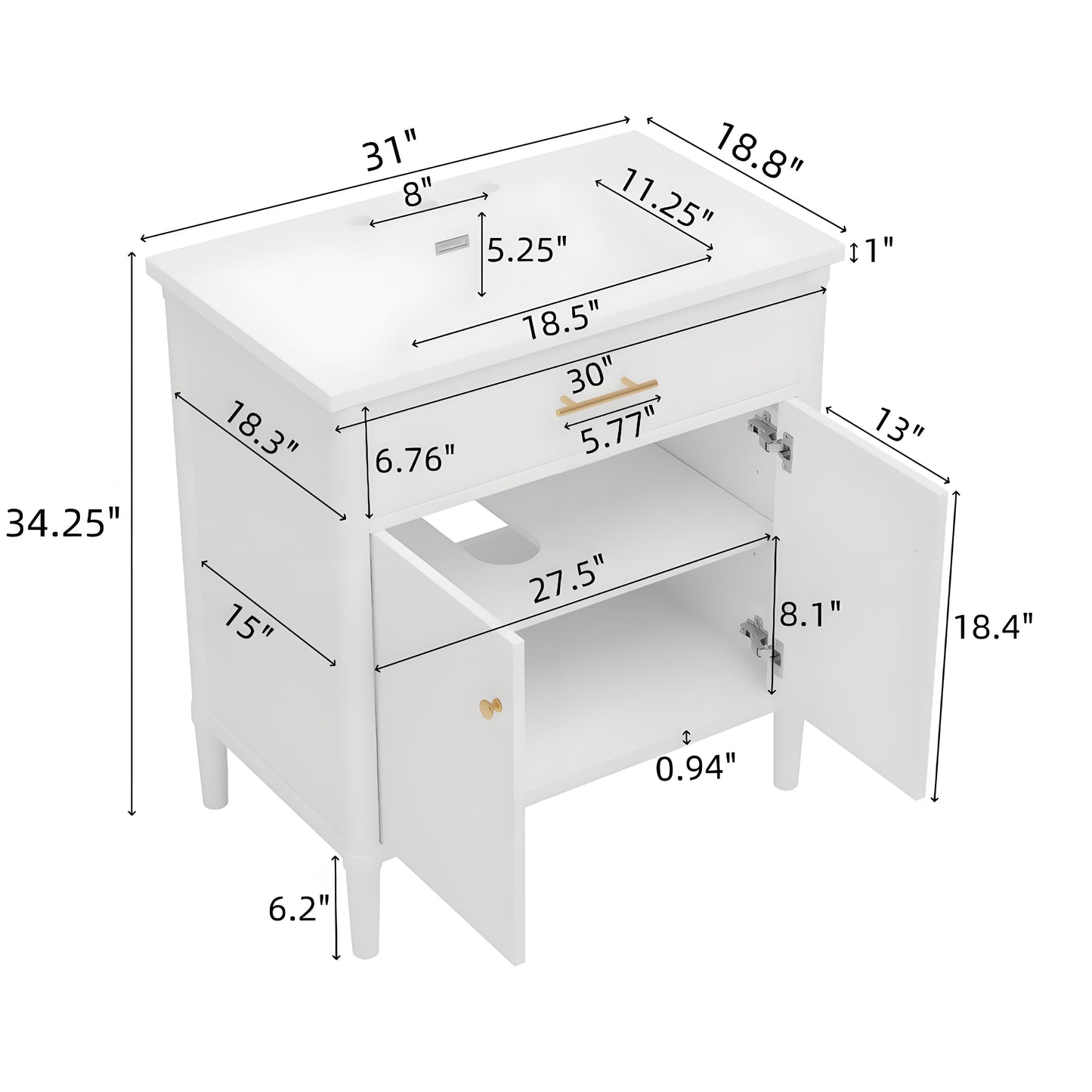 MuKi 31" Bathroom Vanity with Sink, Bathroom Cabinet with Soft Close Doors and Adjustable Shelf