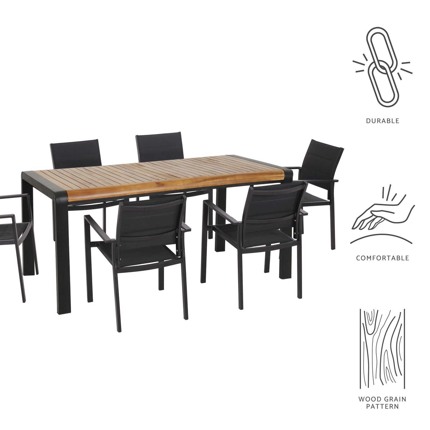 Roseland Outdoor Mesh and Acacia Wood 7 Piece Dining Set, Black and Teak