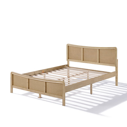 Ravosilor Curved Wooden Bed Frame with Nature Rattan Headboard&Footboard
