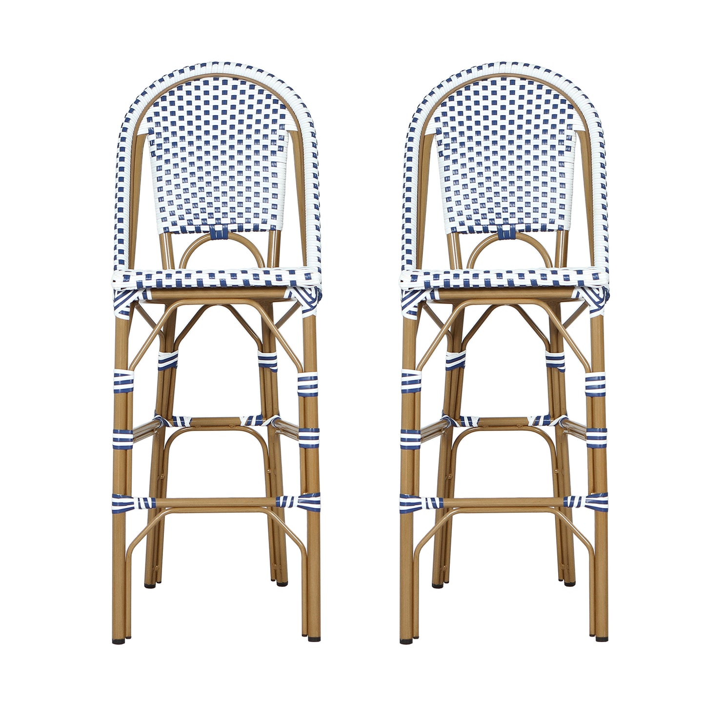 Altocanin 29.5" Outdoor PE Rattan French Barstool, White and Blue(Set of 2)
