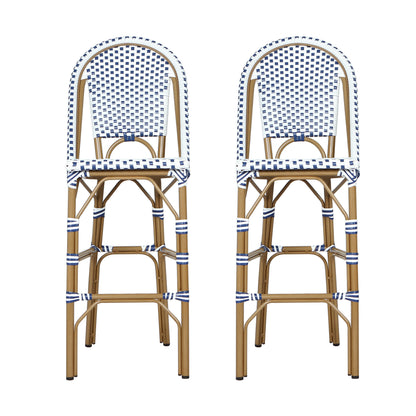Altocanin 29.5" Outdoor PE Rattan French Barstool, White and Blue(Set of 2)