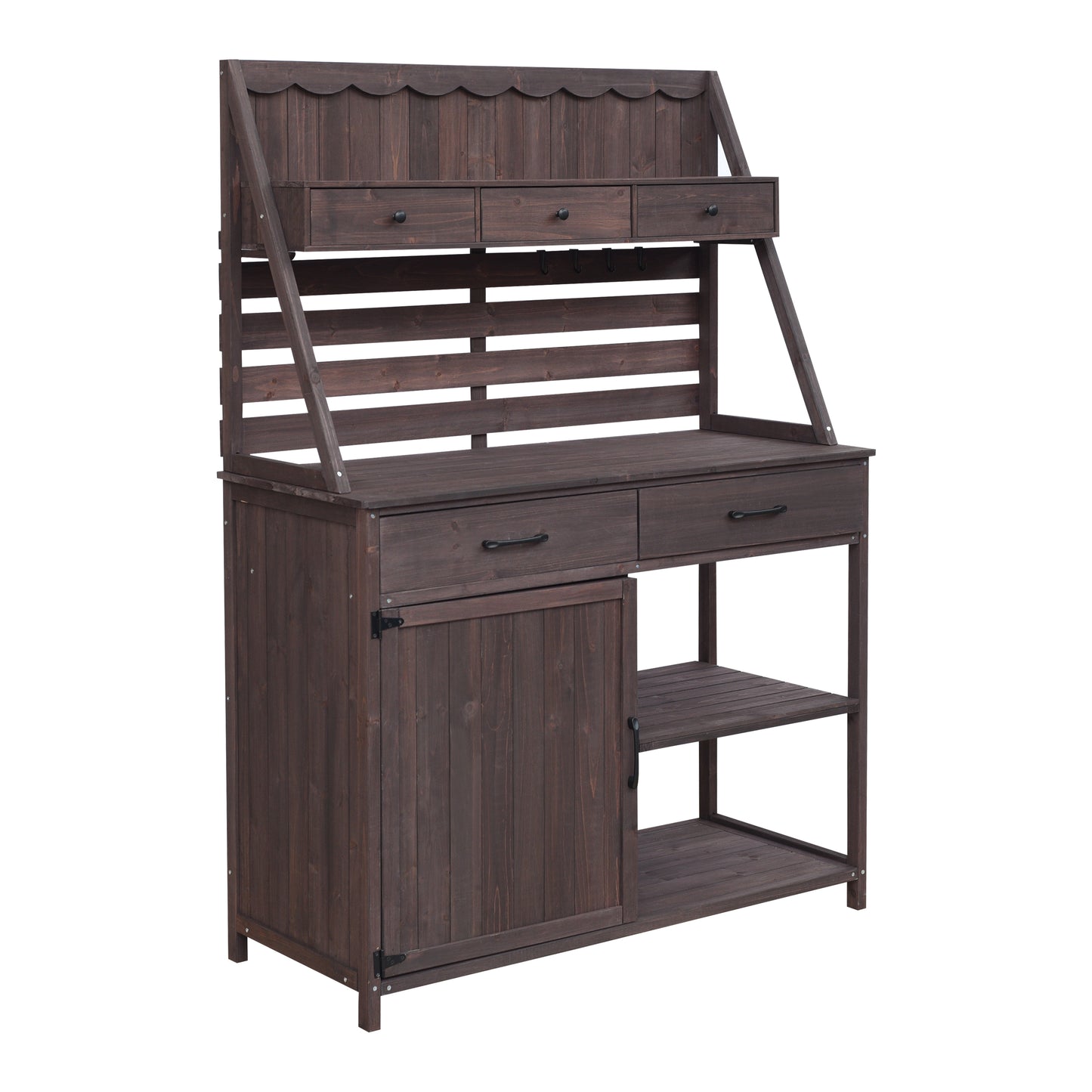 Quirion Brown Fir Wood Potting Bench with Slatted Back Panel & Storage Cabinet & Drawer