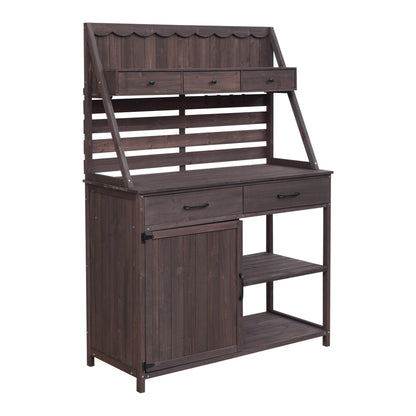 Quirion Brown Fir Wood Potting Bench with Slatted Back Panel & Storage Cabinet & Drawer