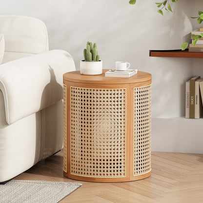 Desi Solid Rubberwood Round Side Table with Warm Wood Grain