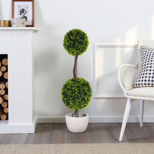 Valvion 34" Artificial Topiary Boxwood Tree Double Ball with Black Plastic Pot, Set of 2