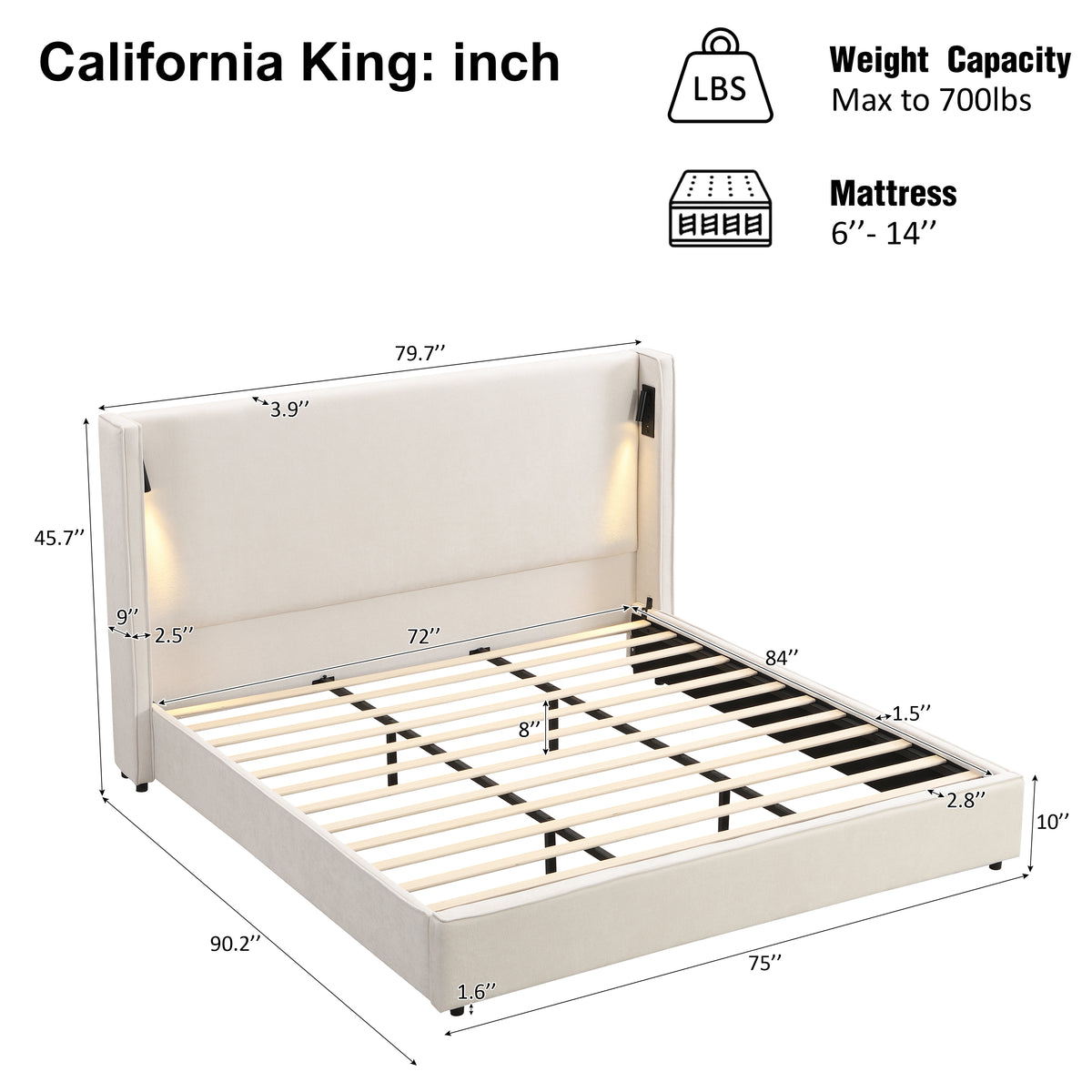 Catharsis 49.20" H King Headboard Bed, Upholstered King Size Bed, Slats Panel Support Platform, No Spring Box Needed, Wingback Headboard with Reading Lamps and USB, Beige Visit the Christopher Knight Home Store