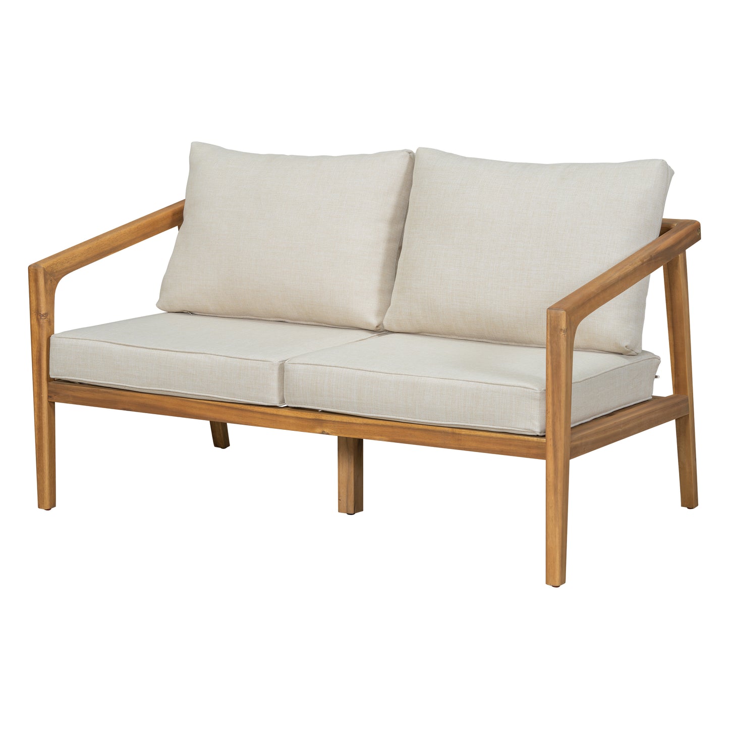 Novae Indoor & Outdoor Patio Loveseat with Cushions, Acacia Wood, Teak + Beige