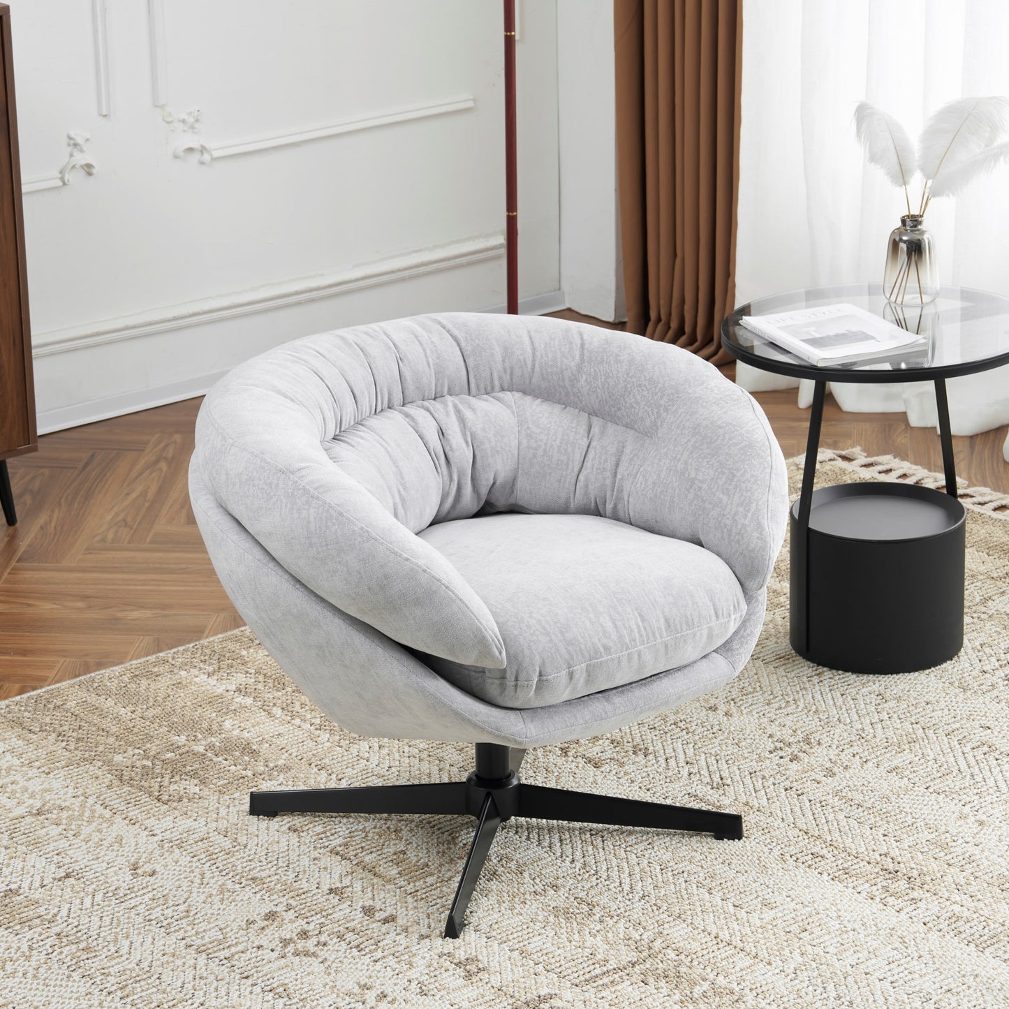 Olevate Chenille Upholstered 360 degree Swivel Arm Chair, Metal Cross-shape legs