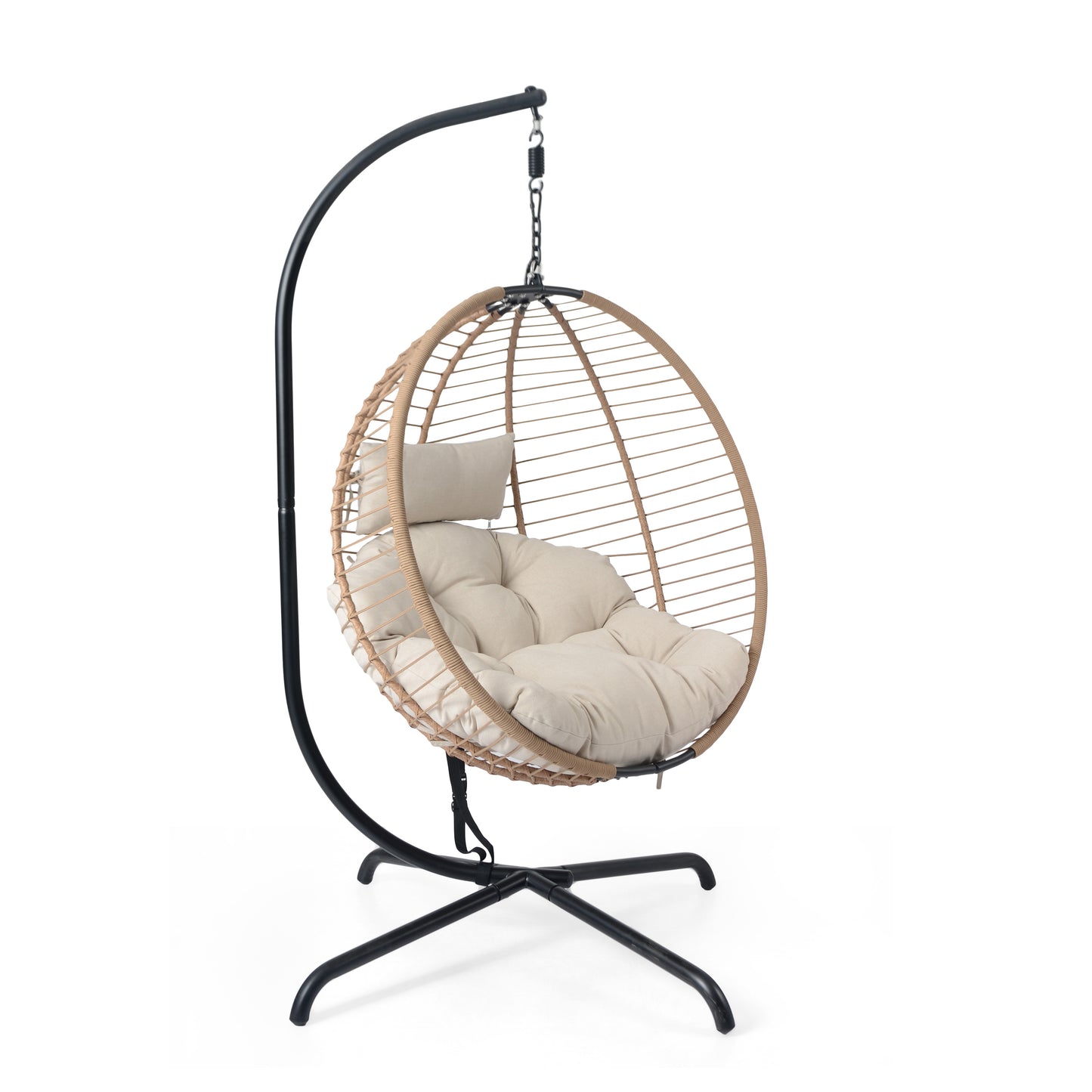 Luciane Outdoor Patio Hanging Basket Chair with Stand, Beige + Brown