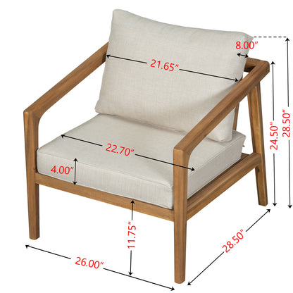 Lyrana Outdoor Acacia Wood Loveseat,Club Chairs and Coffee Table Set with Cushions