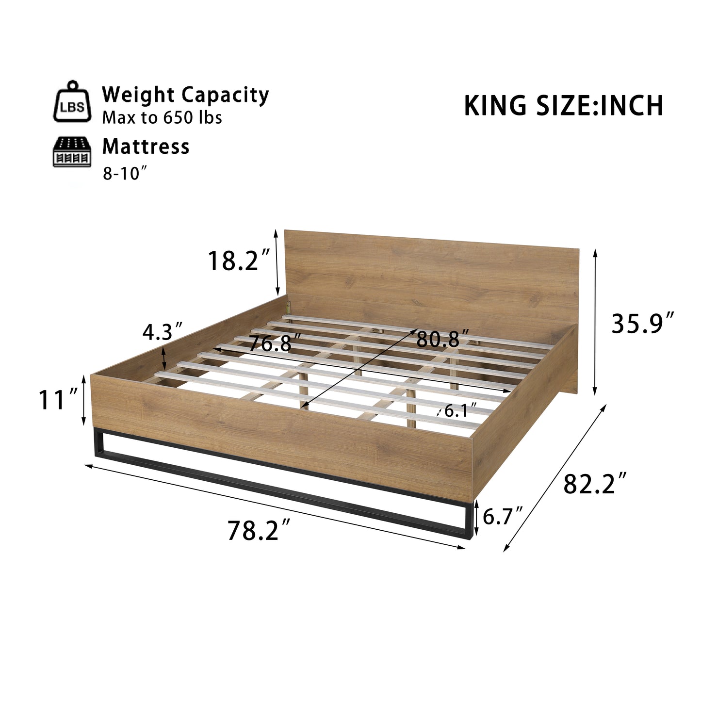 Ketura Two-Tone Aesthetic Engineered Wood Bed Frame in Natural Wood Grain and Matte Black Metal Leg