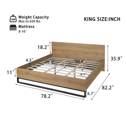 Ketura Two-Tone Aesthetic Engineered Wood Bed Frame in Natural Wood Grain and Matte Black Metal Leg